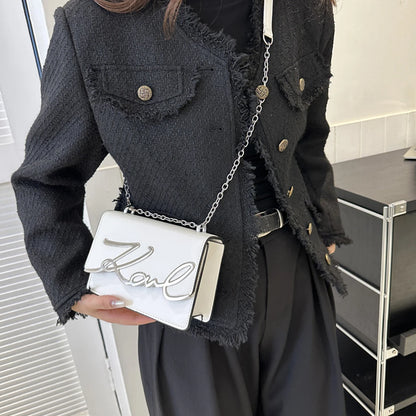 Fashionable Women’s Crossbody Bag – Solid Color Shoulder Bag with Metal Letter Logo & Chain-Link Strap