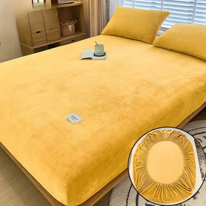 Soft Warm Plush Fitted Sheet – Elastic Mattress Cover Fluffy Coral Fleece Bed Linen for Winter, Luxury Double Bed Bedding