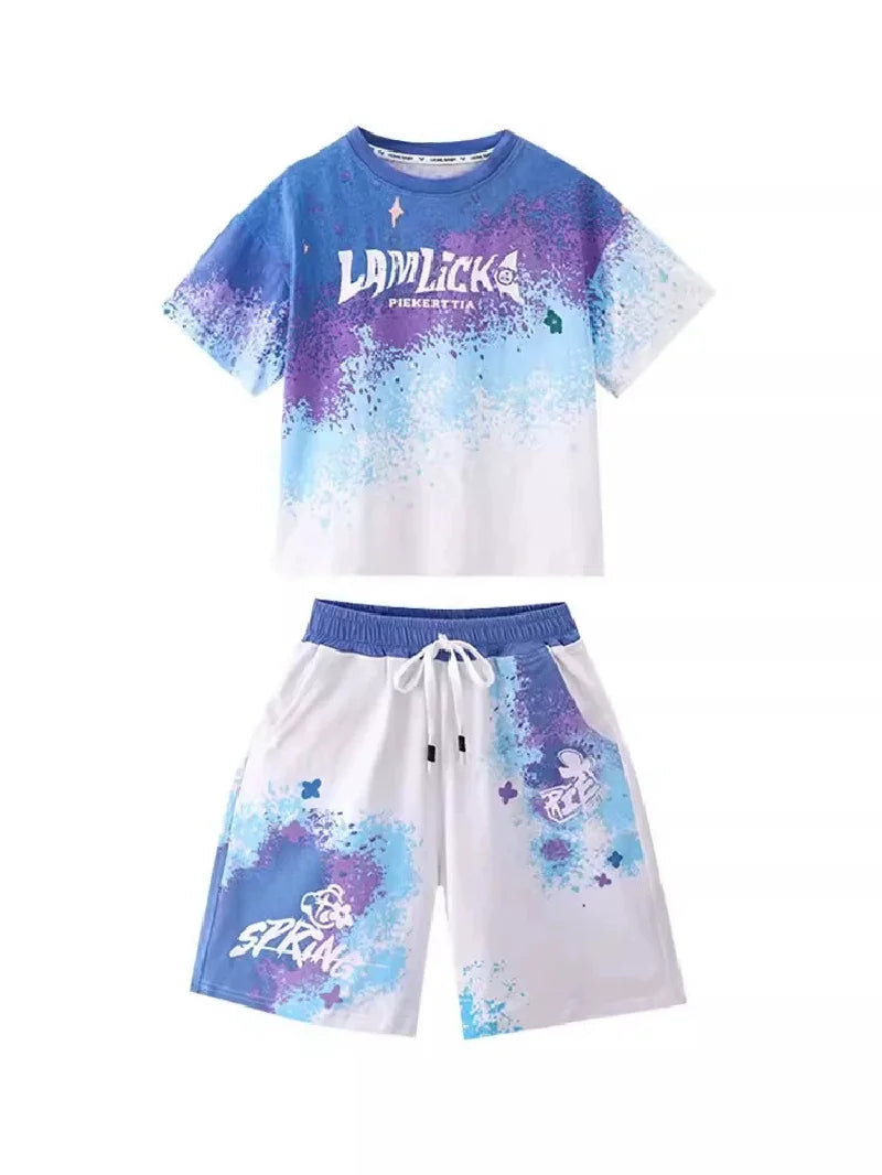 Boys Summer Casual Set – Gradient T-Shirt & Shorts 2Pcs Outfit for Teens & Kids
