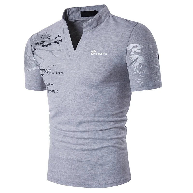 Men’s Polo Golf Shirt – V-Neck Graphic Print Short Sleeve Streetwear & Sports Fashion