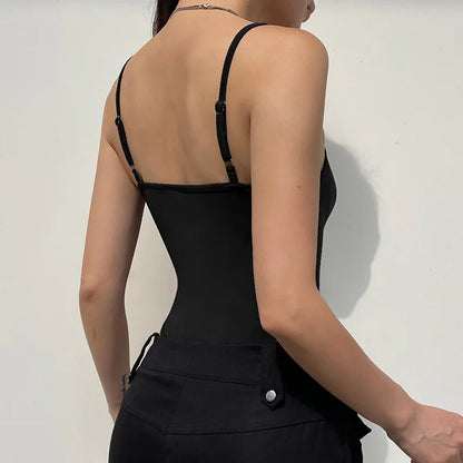 Sweetown Women’s Black Sleeveless Bodysuit – Spaghetti Strap Sexy Vacation Wear