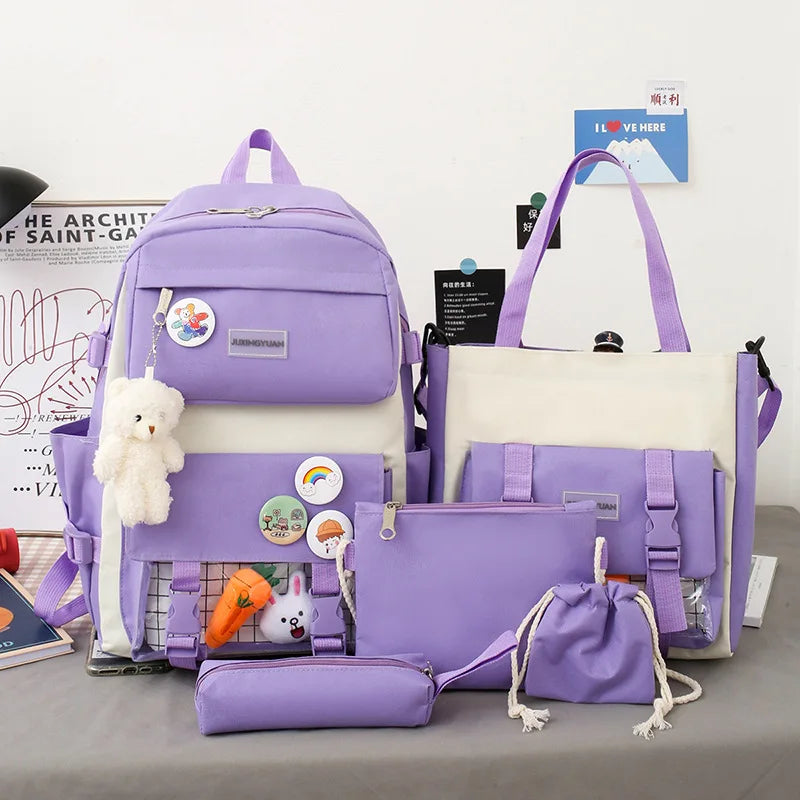 New Large-Capacity Student Backpack Set – 5-Piece Multi-Compartment School Bag for Primary, Junior & High School