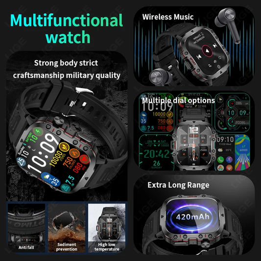 LIGE Outdoor Smart Watch Men – 2.01" Screen, Waterproof, Bluetooth Call & AI Voice for Android & iOS