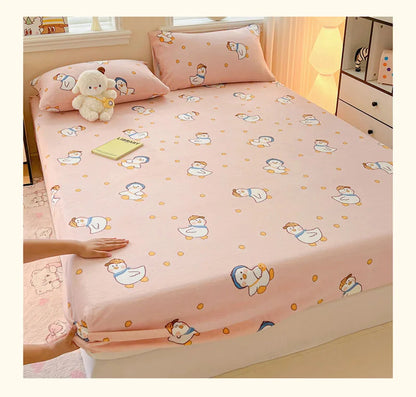 Milk Velvet Cartoon Printed Fitted Sheet – Plush Warm Mattress Protective Cover for Winter, Skin-Friendly Bed Cover for Dorm & Home