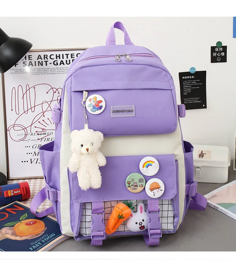 New Large-Capacity Student Backpack Set – 5-Piece Multi-Compartment School Bag for Primary, Junior & High School
