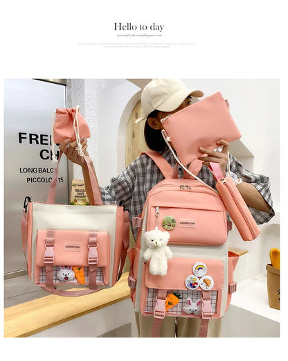New Large-Capacity Student Backpack Set – 5-Piece Multi-Compartment School Bag for Primary, Junior & High School