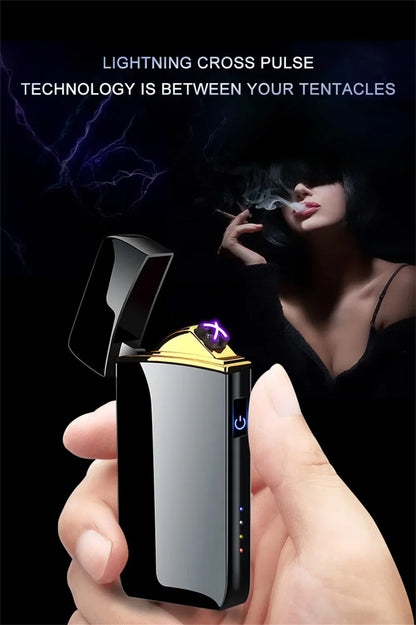 2025 Electric Windproof Metal Lighter Double Arc Flameless Plasma Rechargeable USB Lighter LED Power Display Touch Lighters Gift
