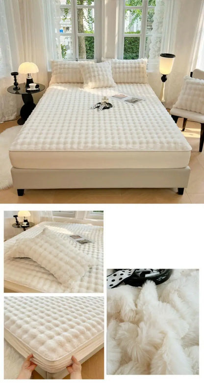 Rabbit Plush Fitted Sheet – Thick Coral Fleece Mattress Cover, Super Soft Warm Bedding for Autumn & Winter (Single Size)