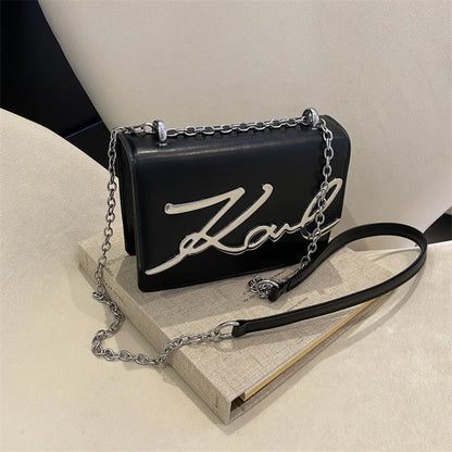 Fashionable Women’s Crossbody Bag – Solid Color Shoulder Bag with Metal Letter Logo & Chain-Link Strap