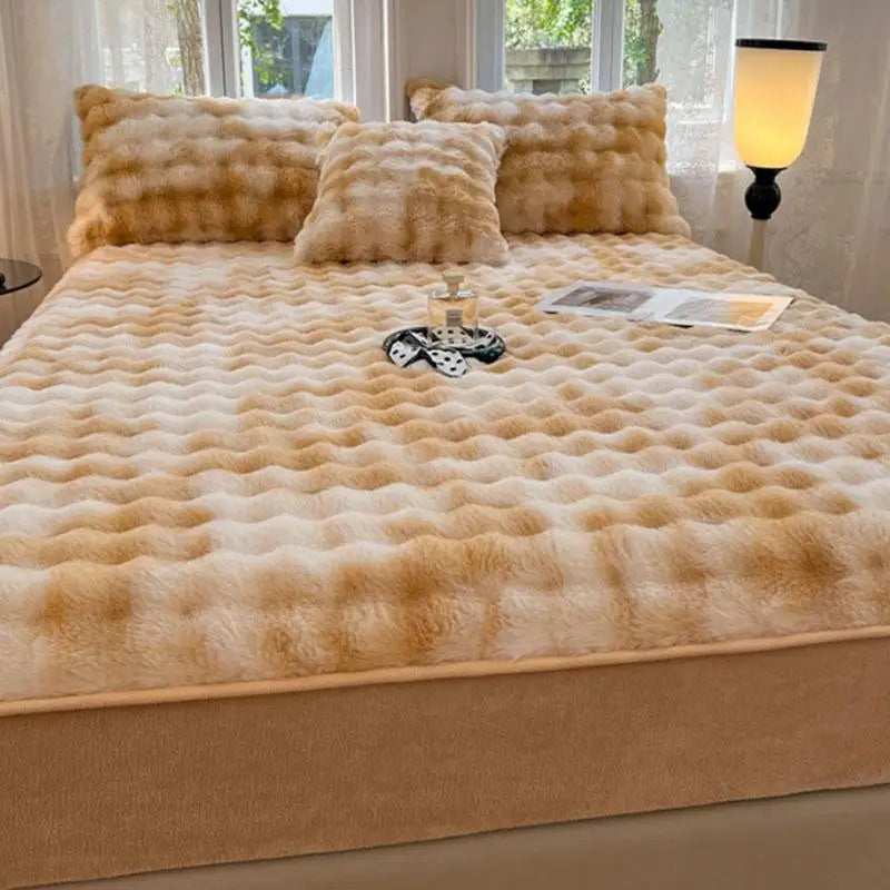 Rabbit Plush Fitted Sheet – Thick Coral Fleece Mattress Cover, Super Soft Warm Bedding for Autumn & Winter (Single Size)