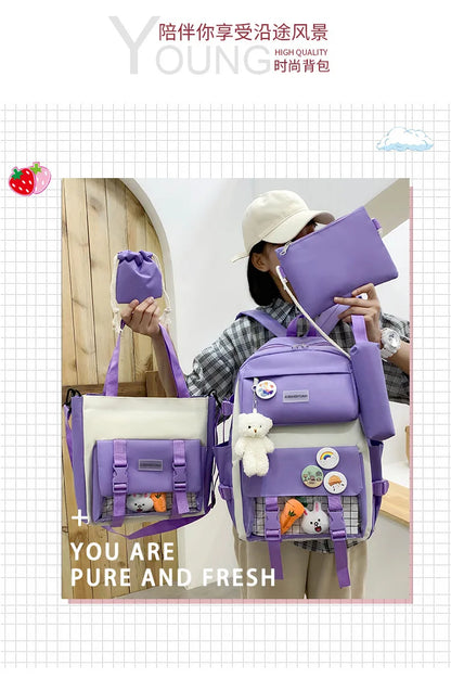 New Large-Capacity Student Backpack Set – 5-Piece Multi-Compartment School Bag for Primary, Junior & High School