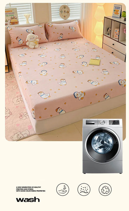 Milk Velvet Cartoon Printed Fitted Sheet – Plush Warm Mattress Protective Cover for Winter, Skin-Friendly Bed Cover for Dorm & Home