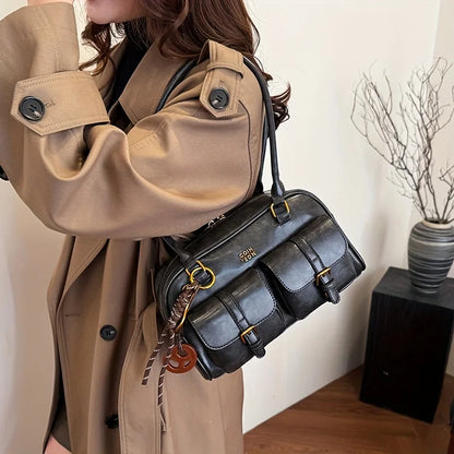 Women’s Retro Solid Color PU Leather Shoulder Bag – Large Capacity Multi-Pocket Handbag with Detachable Charm
