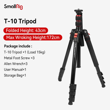 SmallRig T-10 Aluminum Tripod 3983 | Compact Lightweight Foldable Tripod for Camera & Smartphone | 15KG Load Capacity