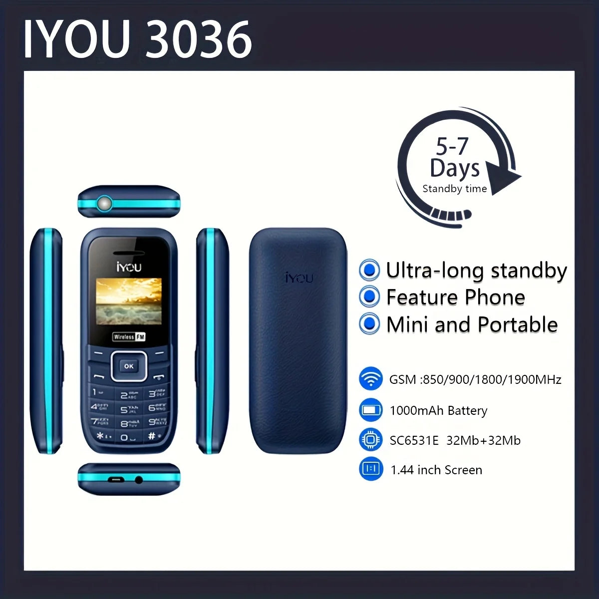 IYOU 3036 Dual SIM Mobile Phone – FM Radio, Flashlight, 1000mAh Long Standby Battery, Emergency Outdoor Cellphone