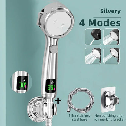 High Pressure Handheld LED Shower Head | Adjustable Water-Saving Showerhead with Digital Temperature Display & Pressurized Spray