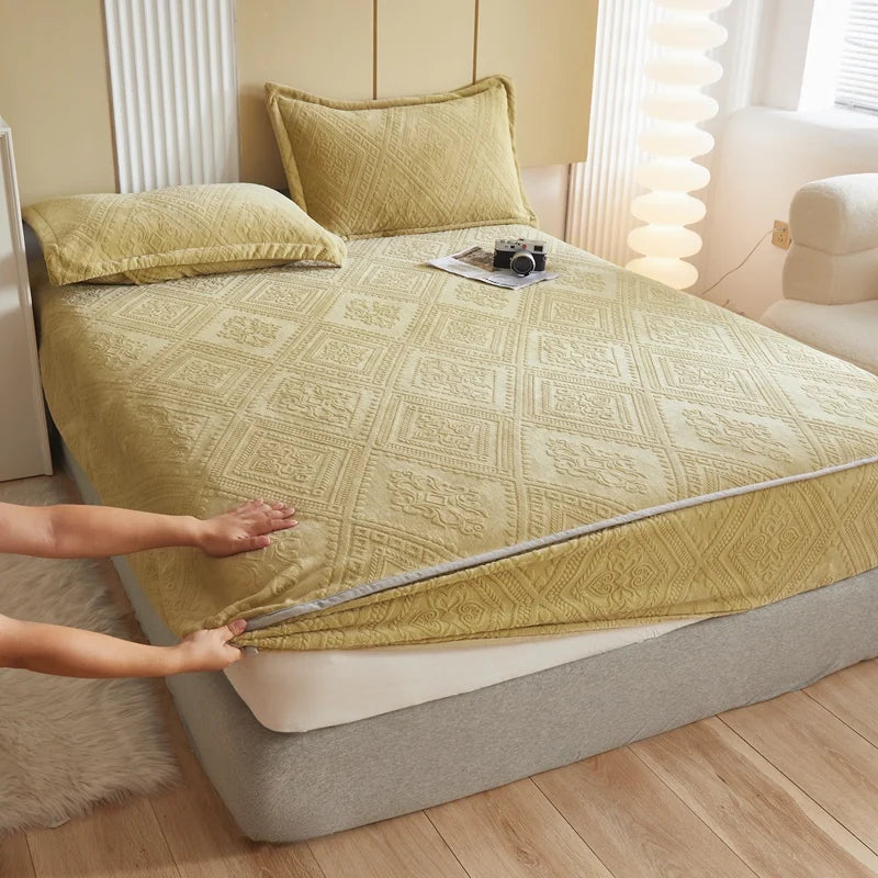 Warm Milk Velvet Bed Sheet | Thick Comfort Mattress Cover | Single, Queen & King | Elastic Band Fitted Protector
