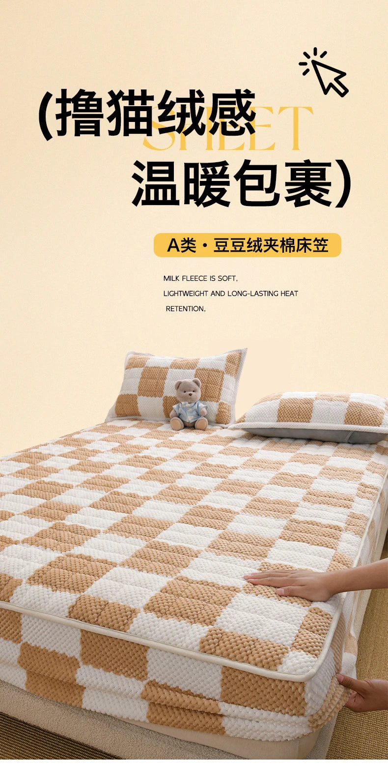 Winter Fleece Mattress Protective Cover | Thickened Milk Fleece Fitted Sheet | Padded Plaid 3-Piece Set