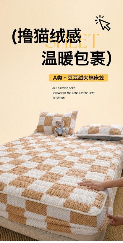 Winter Fleece Mattress Protective Cover | Thickened Milk Fleece Fitted Sheet | Padded Plaid 3-Piece Set