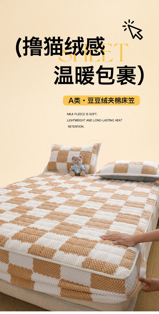 Winter Fleece Mattress Protective Cover | Thickened Milk Fleece Fitted Sheet | Padded Plaid 3-Piece Set