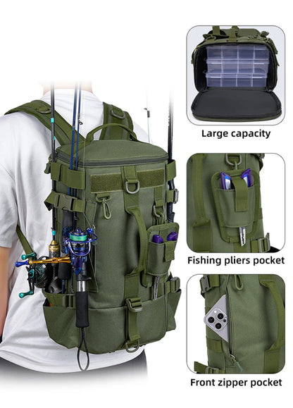 Tactical Fishing Backpack – Multifunctional Tackle Bag with Rod Holders & Outdoor Storage for Camping, Hiking & Fishing