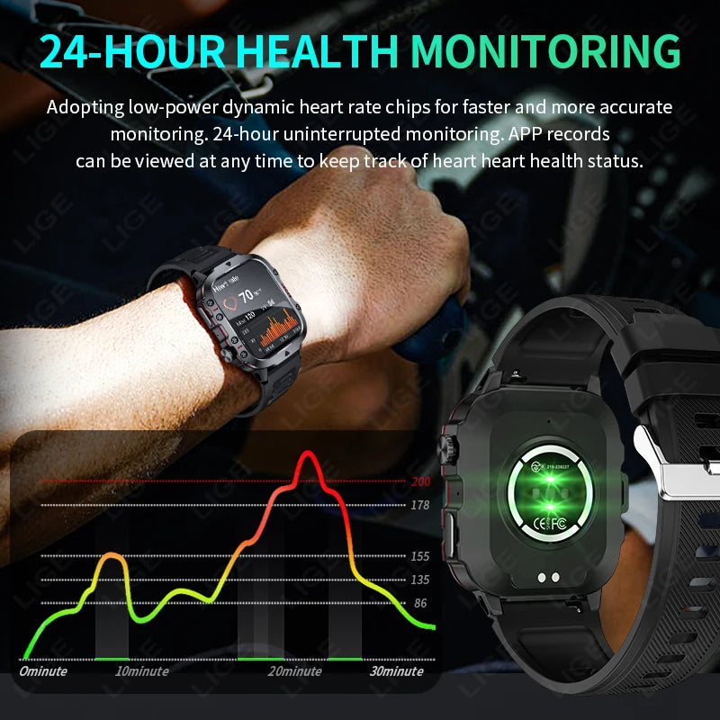 LIGE Outdoor Smart Watch Men – 2.01" Screen, Waterproof, Bluetooth Call & AI Voice for Android & iOS