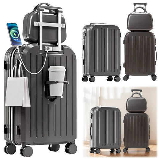 3PCS Suitcase Set – 12", 20", 24" Large Capacity Trolley Cases with USB Port, Cup Holder & Roller Lock for Travel & Business