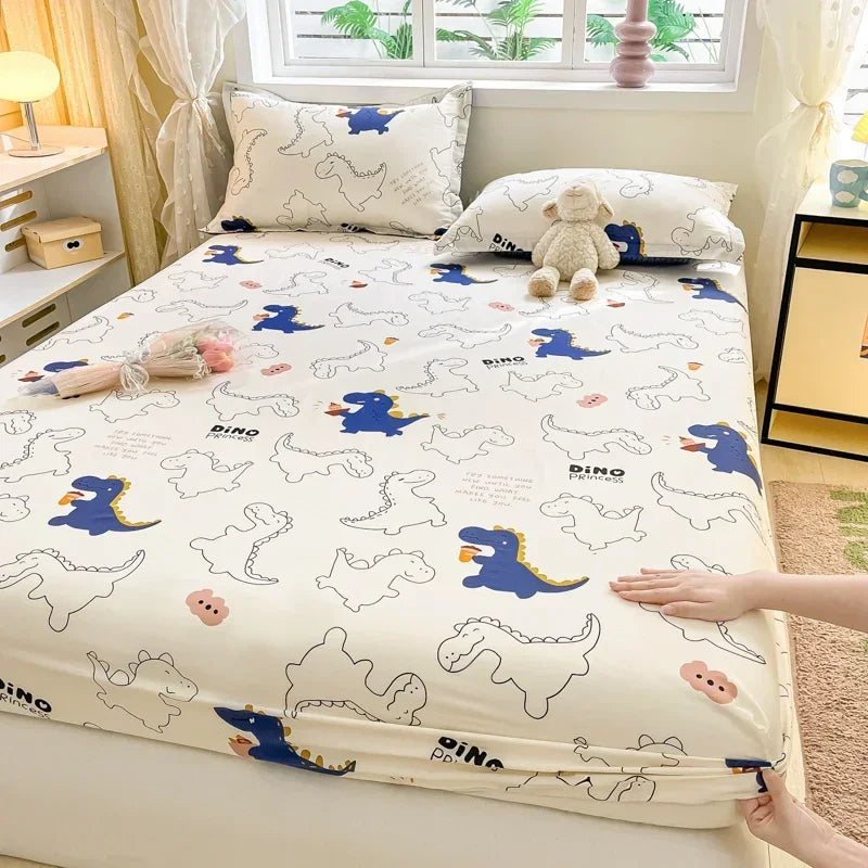 100% Cotton Bed Sheet | Cute Dinosaur Print | Elastic Fitted Mattress Cover | Kids Cartoon Bedding (No Pillowcase)