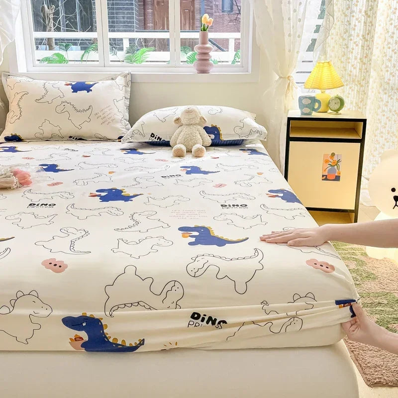 100% Cotton Bed Sheet | Cute Dinosaur Print | Elastic Fitted Mattress Cover | Kids Cartoon Bedding (No Pillowcase)