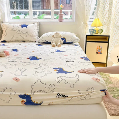 100% Cotton Bed Sheet | Cute Dinosaur Print | Elastic Fitted Mattress Cover | Kids Cartoon Bedding (No Pillowcase)