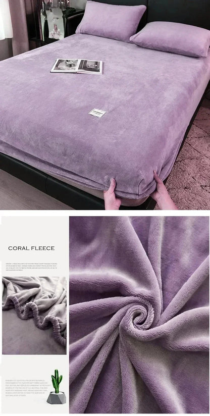 Soft Warm Plush Fitted Sheet – Elastic Mattress Cover Fluffy Coral Fleece Bed Linen for Winter, Luxury Double Bed Bedding