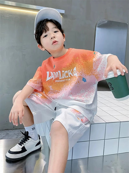 Boys Summer Casual Set – Gradient T-Shirt & Shorts 2Pcs Outfit for Teens & Kids