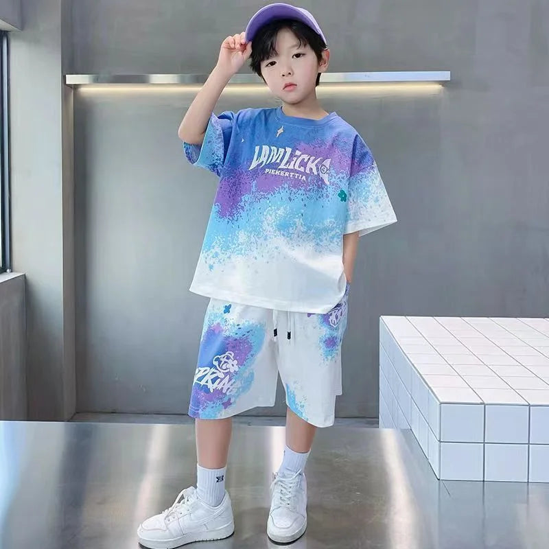 Boys Summer Casual Set – Gradient T-Shirt & Shorts 2Pcs Outfit for Teens & Kids
