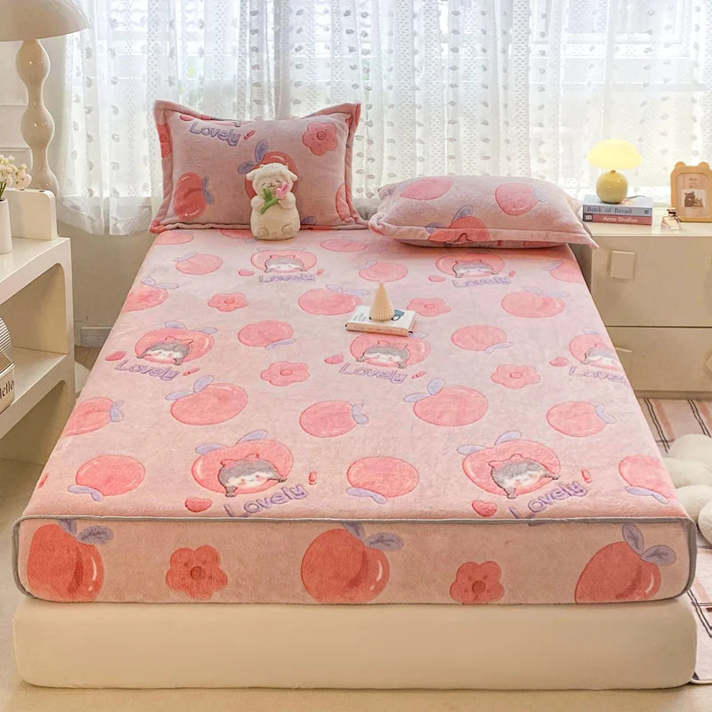 New Snowflake Velvet Fitted Sheet – Winter Warm Cartoon Print Bed Cover for Bedroom & Apartment