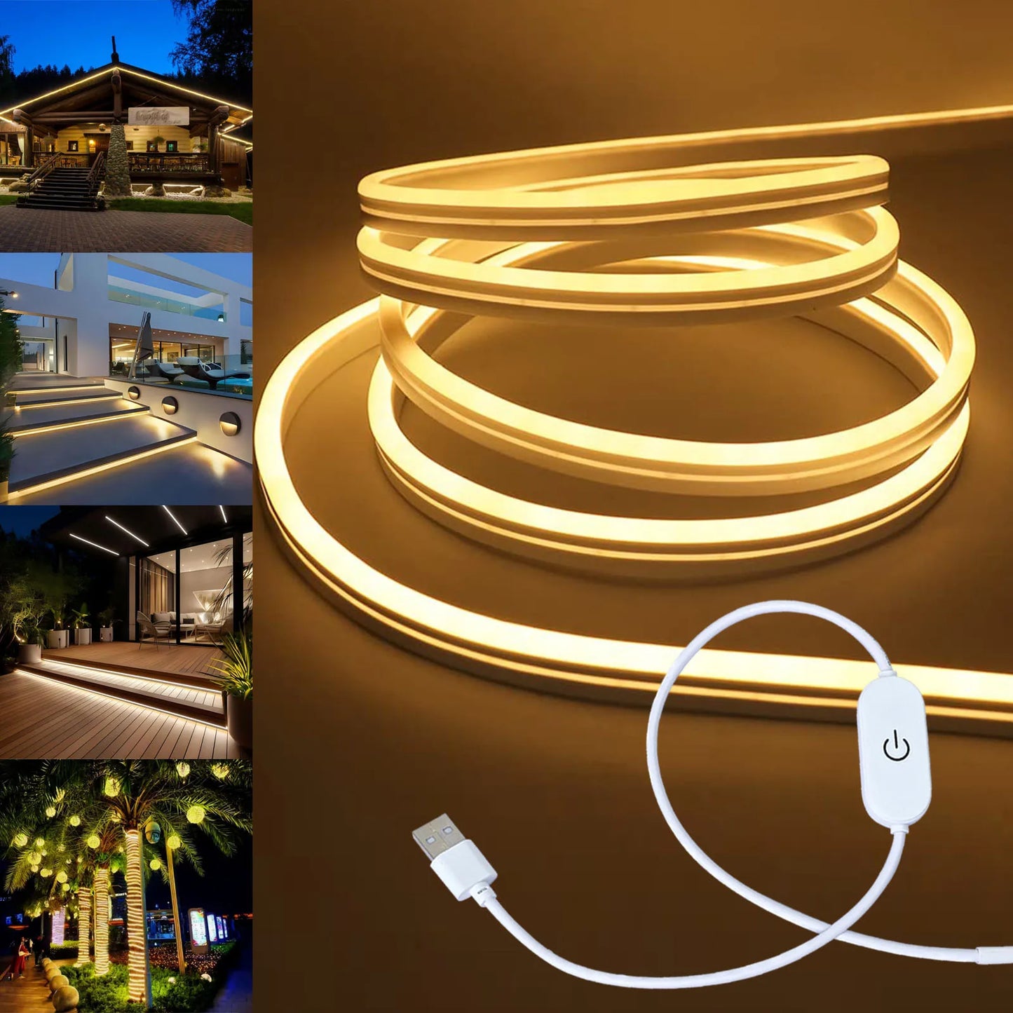 USB LED Neon Strip Light – 5V Dimmable Touch Sensor Flexible Waterproof Silicone Light for Home & Outdoor Decor