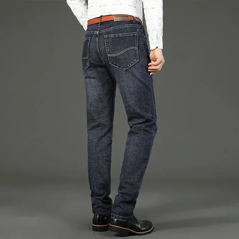 Wthinlee Men’s Business Jeans – Classic Straight Stretch Denim Trousers in Blue & Black
