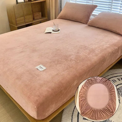 Soft Warm Plush Fitted Sheet – Elastic Mattress Cover Fluffy Coral Fleece Bed Linen for Winter, Luxury Double Bed Bedding