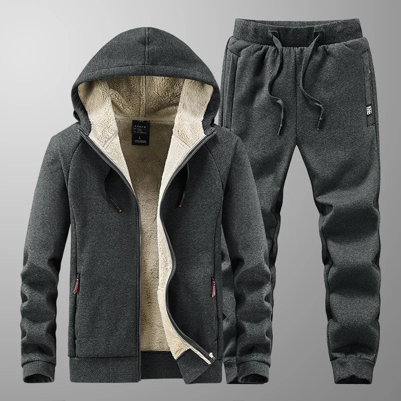 Men’s Winter Sportswear Set – Warm Fleece Tracksuit with Hoodie & Pants | Thermal 2-Piece Windproof Gym Outfit