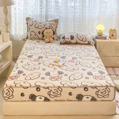 New Snowflake Velvet Fitted Sheet – Winter Warm Cartoon Print Bed Cover for Bedroom & Apartment