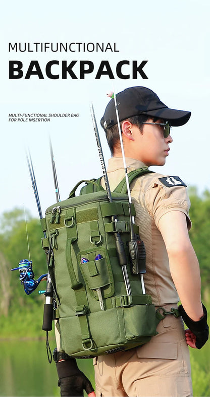 Tactical Fishing Backpack – Multifunctional Tackle Bag with Rod Holders & Outdoor Storage for Camping, Hiking & Fishing