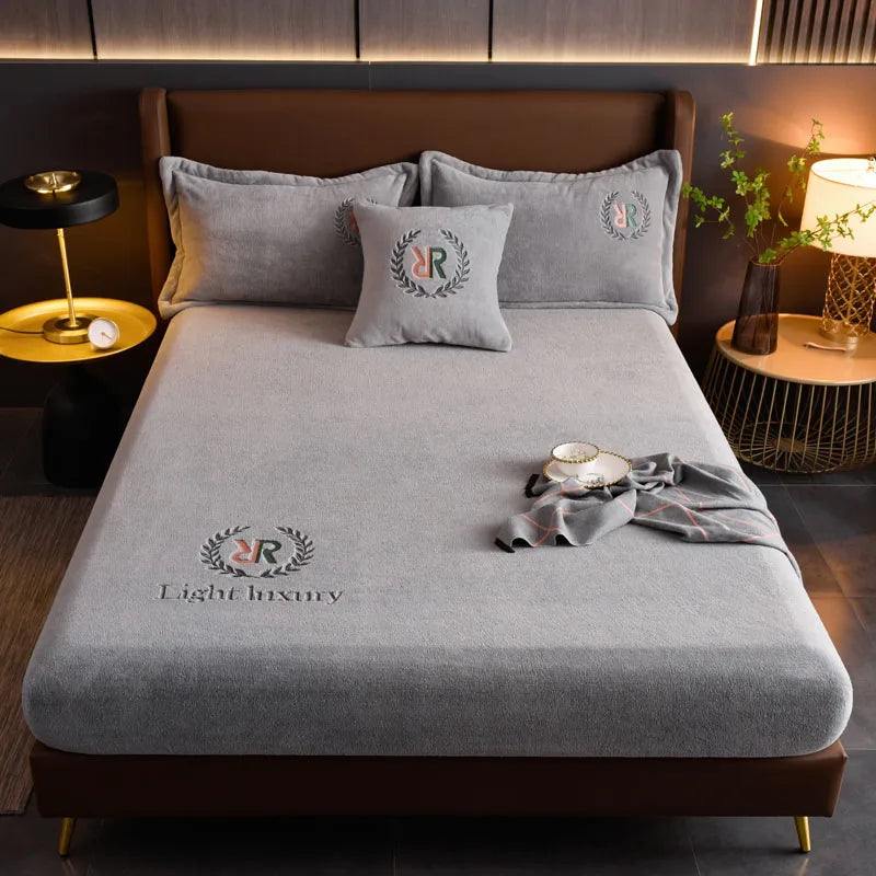 Winter Warm Solid Flannel Fitted Sheet | Elastic Band Mattress Protector | King Size 180x200cm | Milk Velvet Bed Sheet