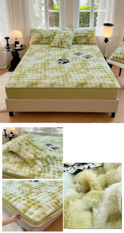 Rabbit Plush Fitted Sheet – Thick Coral Fleece Mattress Cover, Super Soft Warm Bedding for Autumn & Winter (Single Size)