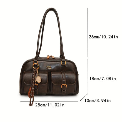 Women’s Retro Solid Color PU Leather Shoulder Bag – Large Capacity Multi-Pocket Handbag with Detachable Charm