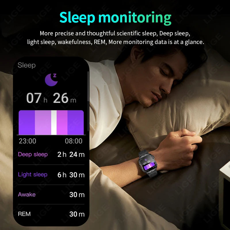 LIGE Outdoor Smart Watch Men – 2.01" Screen, Waterproof, Bluetooth Call & AI Voice for Android & iOS