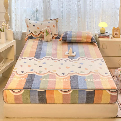 New Snowflake Velvet Fitted Sheet – Winter Warm Cartoon Print Bed Cover for Bedroom & Apartment