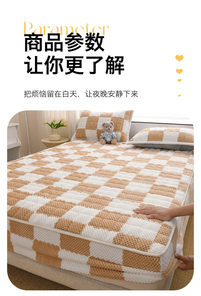 Winter Fleece Mattress Protective Cover | Thickened Milk Fleece Fitted Sheet | Padded Plaid 3-Piece Set