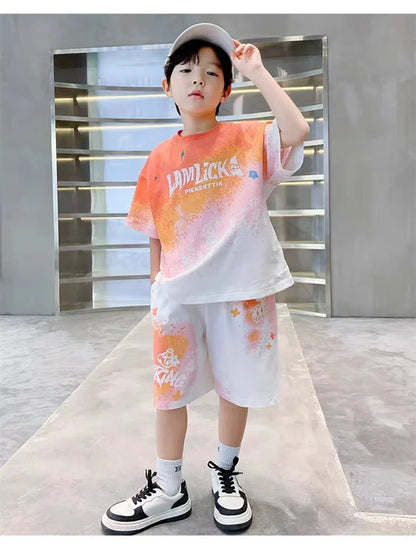 Boys Summer Casual Set – Gradient T-Shirt & Shorts 2Pcs Outfit for Teens & Kids