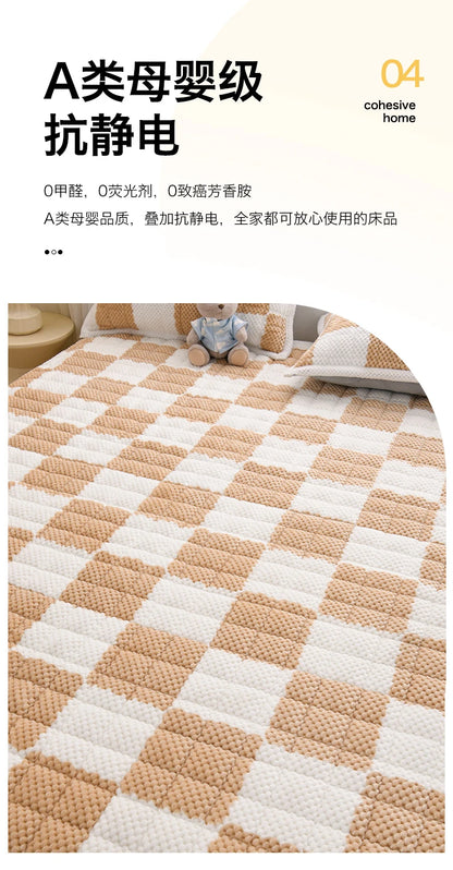 Winter Fleece Mattress Protective Cover | Thickened Milk Fleece Fitted Sheet | Padded Plaid 3-Piece Set