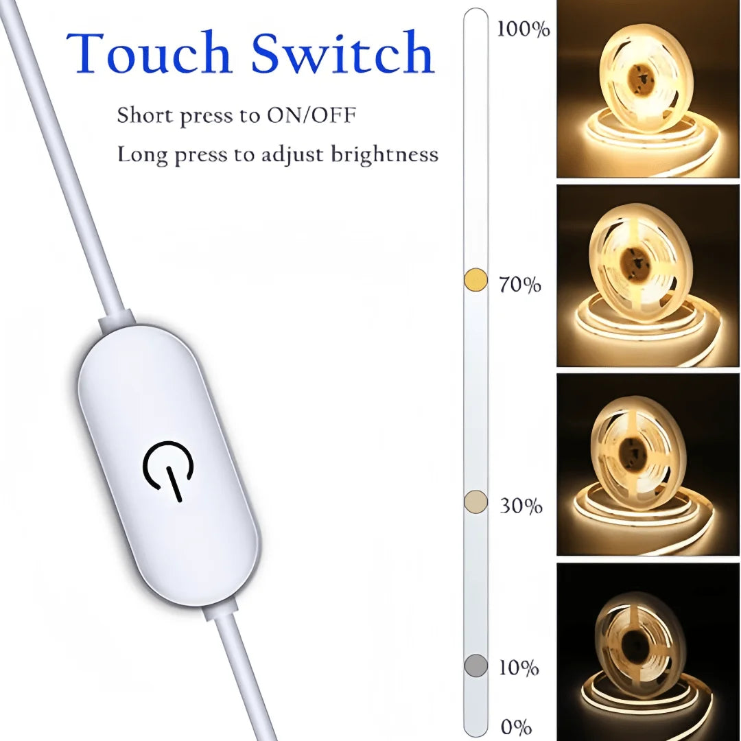 LED COB Light Strip with Touch Dimmer – USB Flexible Indoor Lighting for Room & Decor