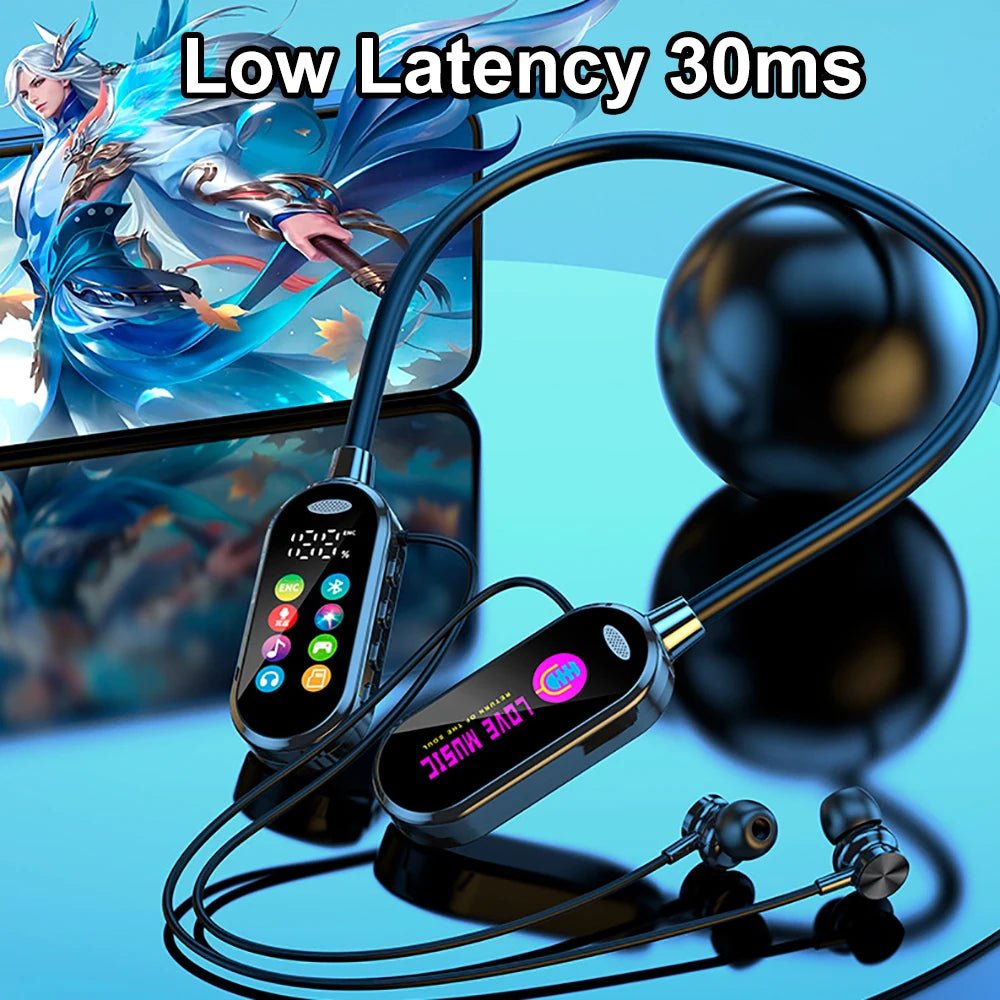 Color Screen Bluetooth 5.4 Neckband Earphones – Wireless HiFi Stereo Headphones with Noise Reduction & Mic for Xiaomi